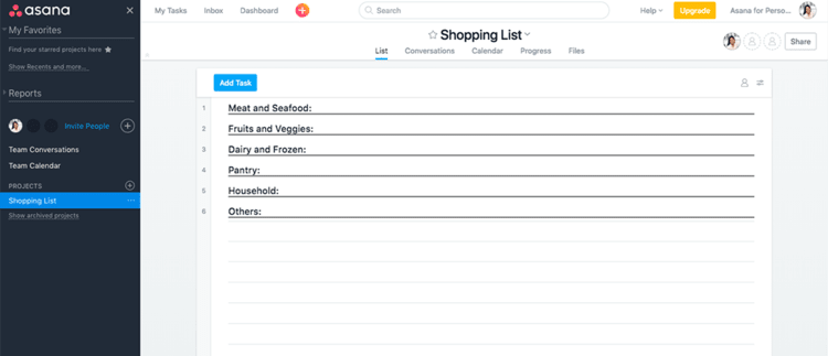 Asana for personal - Shopping list